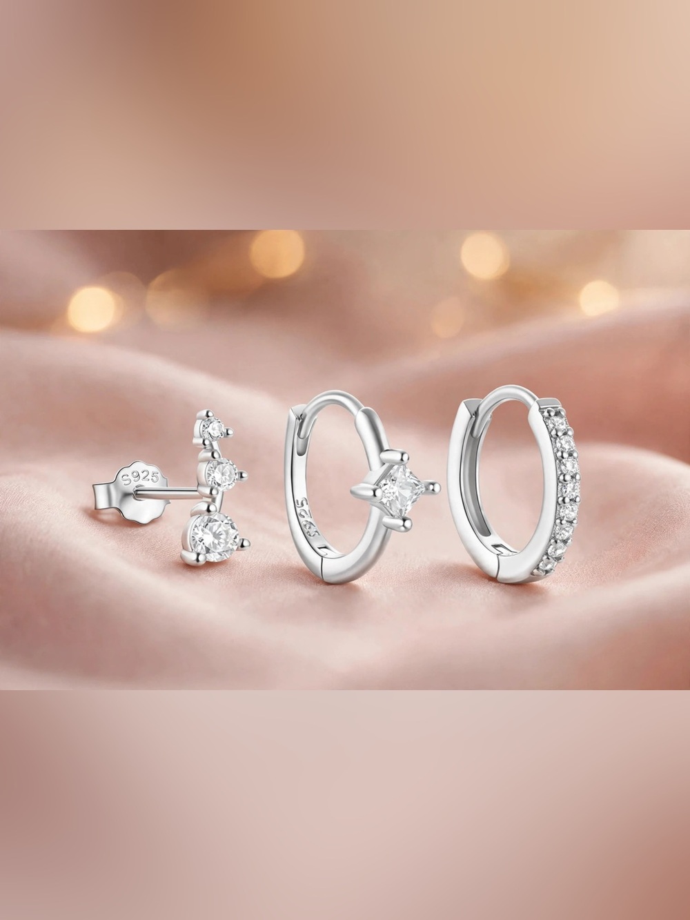 Silver CZ Ear Stack Set — 3 Piece 925 Sterling Silver Huggies